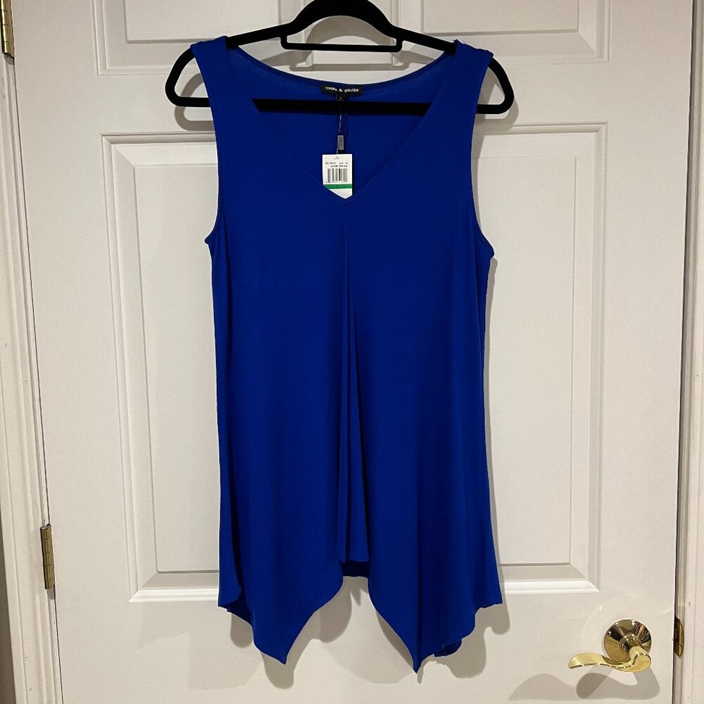 cable & gauge tunic sweater, sleeveless, asymmetrical hem, v-neck, stretch, blue